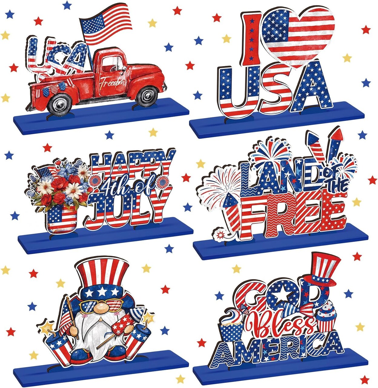 6 Pieces 4th of July Table Decoration Patriotic Wooden Table Centerpiece Independence Day Red White and Blue Gnome Letter Sign Home of America Table Decoration for Memorial Day Home Party Decor